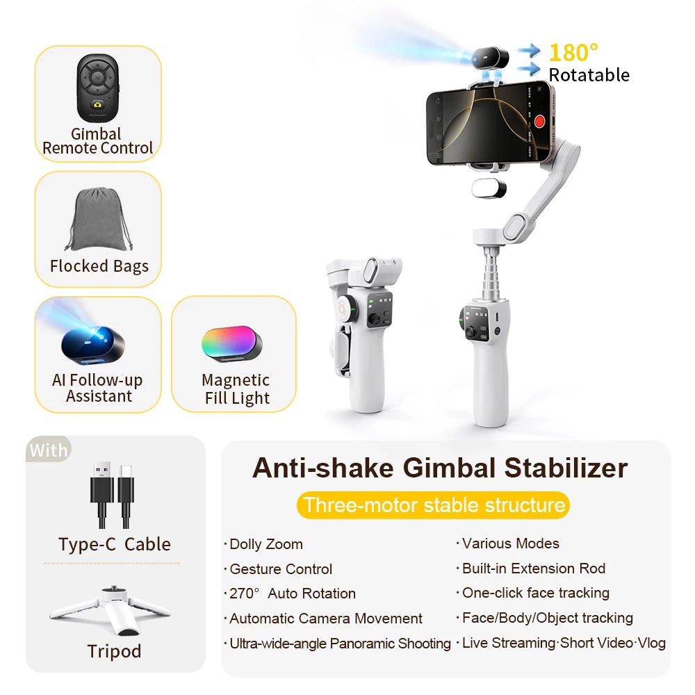 Handheld Anti-Shake Gimbal Stabilizer Travel Extended Selfie Stick Face Tracking Phone Stand for Iphone Android Shooting