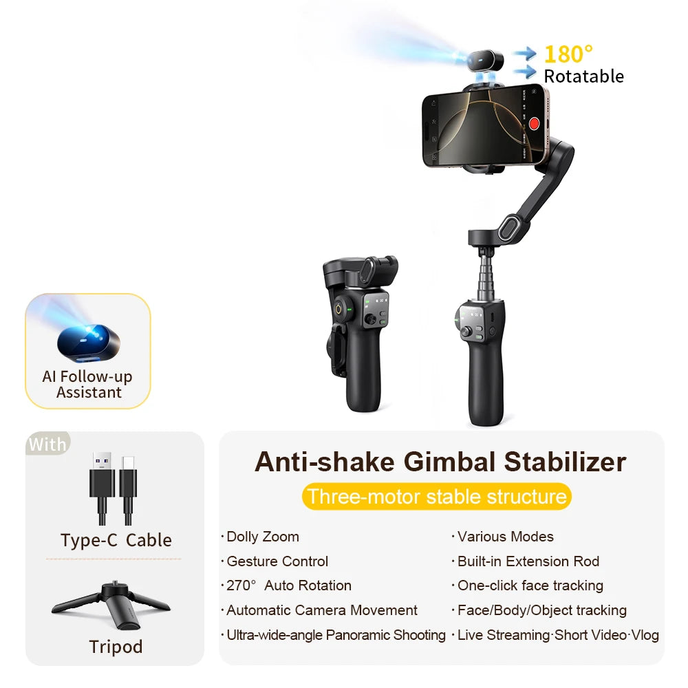 Handheld Anti-Shake Gimbal Stabilizer Travel Extended Selfie Stick Face Tracking Phone Stand for Iphone Android Shooting