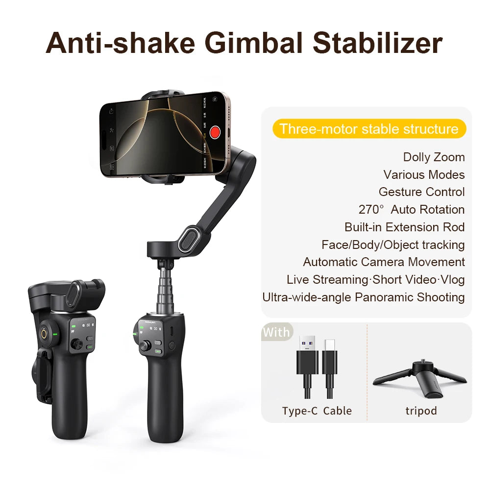 Handheld Anti-Shake Gimbal Stabilizer Travel Extended Selfie Stick Face Tracking Phone Stand for Iphone Android Shooting