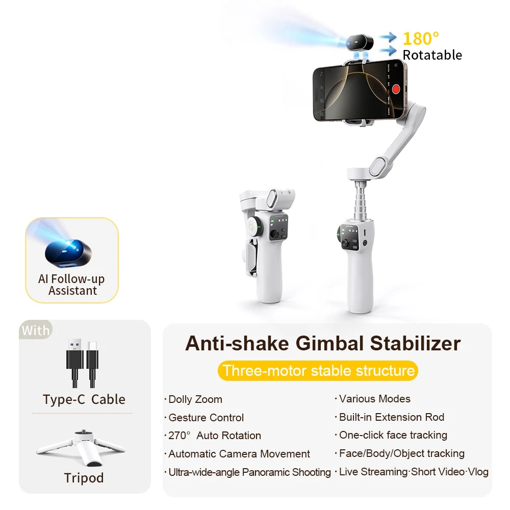 Handheld Anti-Shake Gimbal Stabilizer Travel Extended Selfie Stick Face Tracking Phone Stand for Iphone Android Shooting
