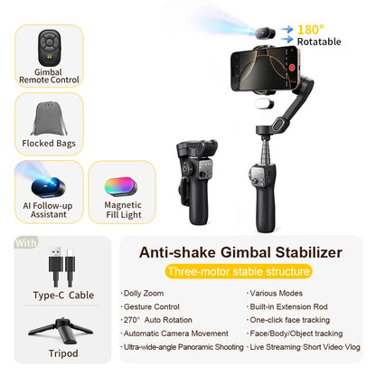 Handheld Anti-Shake Gimbal Stabilizer Travel Extended Selfie Stick Face Tracking Phone Stand for Iphone Android Shooting